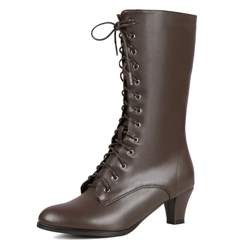 Cozivwaiy Women Vintage Victorian Boots 70s Lace up Mid Calf Granny Boot Black Steampunk Costume Shoes Mid Heel Witch Boots Zipper Cone Heels 7.5
