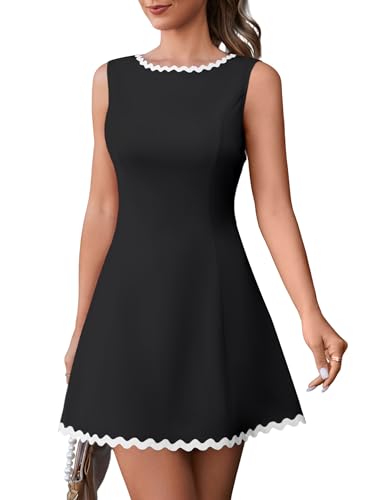 Benfoly Women's Mini Summer Dresses Sleeveless Crewneck Contrast Slim Fit Casual Elegant Graduation Party Wedding Short Dress Black