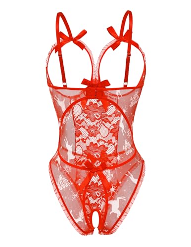 Avidlove Lingerie sexy para mulheres, peça única, babydoll de renda, roupa de dormir, Alce de Natal,