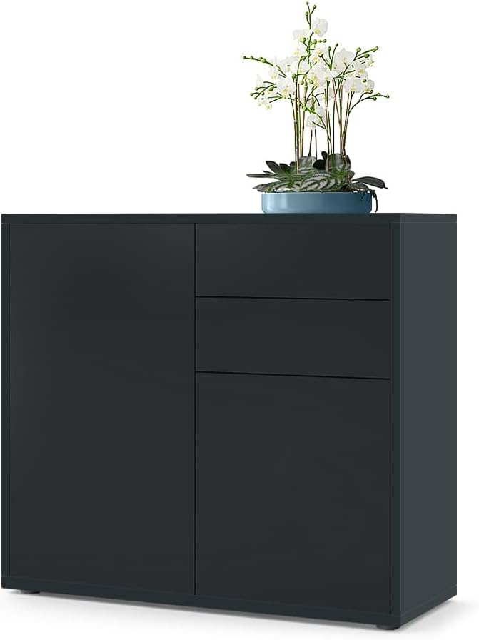 Vladon Cajonera Ben, Cómoda Negra Mate con 2 Puertas y 2 Cajones (79x74x36 cm)