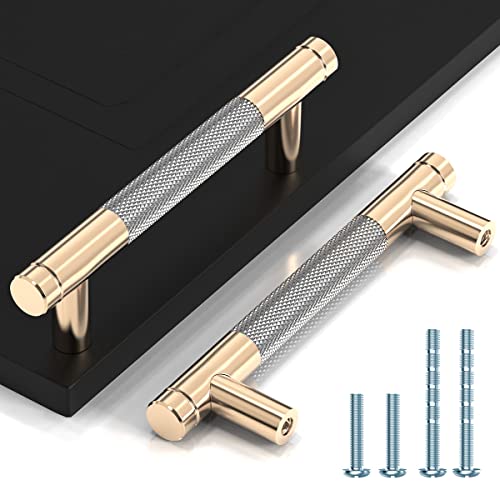 Eguled Cabinet Handles, 12 Pack 3 Inch Cabinet Pulls, Kitchen Cabinet Hardware Handles for Cabinets Cupboard Drawer Handle Aluminum Knurled Handles 4 inch Length ( 3inch Hole Center), Gold and Grey