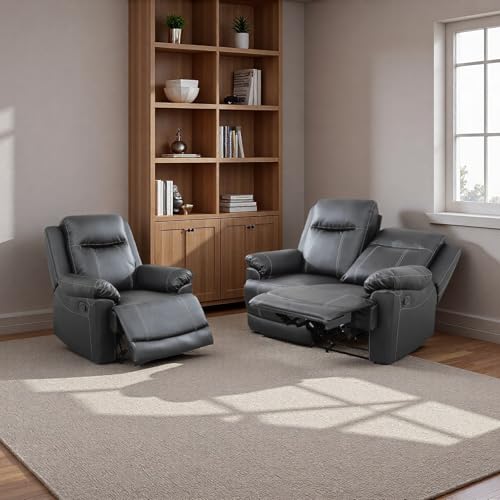 Image of Leather Recliner Sofa Set, Living Room Furniture Set, Adjustable Backrest Reclining Loveseat Sofa with Storage Console & Cup Holders, Manual Recliner Chair for House, Home Theater, Black