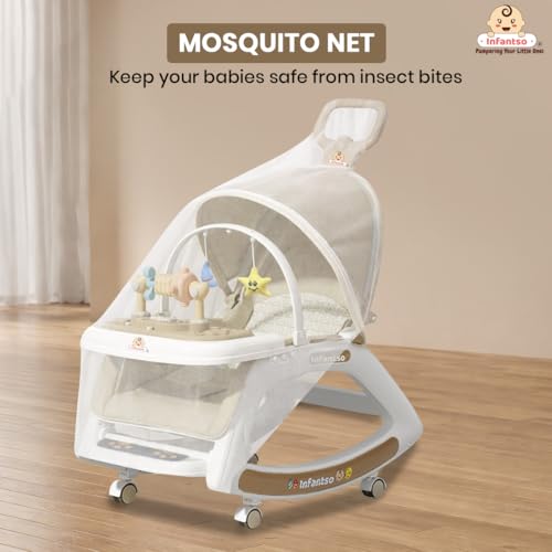 Image of Infantso Prime (5-in-1) Baby Rocker for 0 to 2 Years with Mosquito Net | Portable Rocker for Newborn | Convertible Walker, Feeding Chair, Push Cart & Seat with Music, Light, Tray & Canopy - Beige