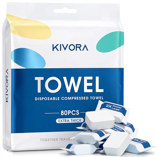 KIVORA Extra Thick Compressed Towels, 80 Pack Large Disposable Face Towels, Ultra Soft & Skin-Friendly, Biodegradable Compressed Towel Tablets for Travel, Camping, Outdoor Activities & Everyday Use