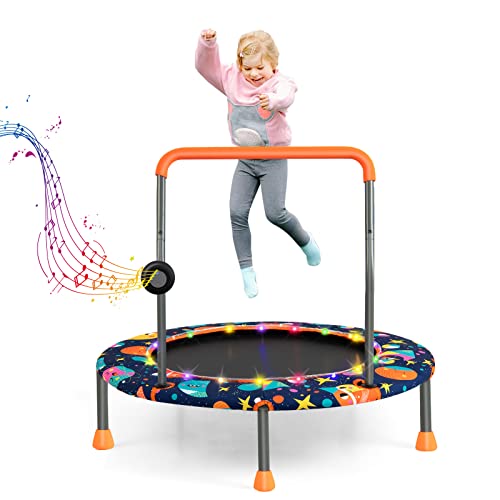 Goplus 36" Trampoline for Kids, Mini Toddler Trampoline with LED Lights, Bluetooth Speaker, Removable Handle, Safe Padded Cover, Indoor Outdoor Rebounder Small Trampoline Max Load 220 LBS