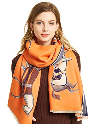 Scarfs for Women Pashmina Shawl Wrap for Evening Dressing Winter Thick Warm Knit Scarf Blanket Open Front Poncho Cape, B-orange&blue, 70" x 25"