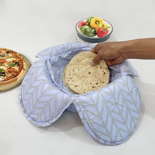 Image of Swayam Microfiber Cloth Roti Casserole | Hot Chapati Box | Washable Bread Basket | 22 cm Round Roti Basket | Geometric Design - Sky Blue
