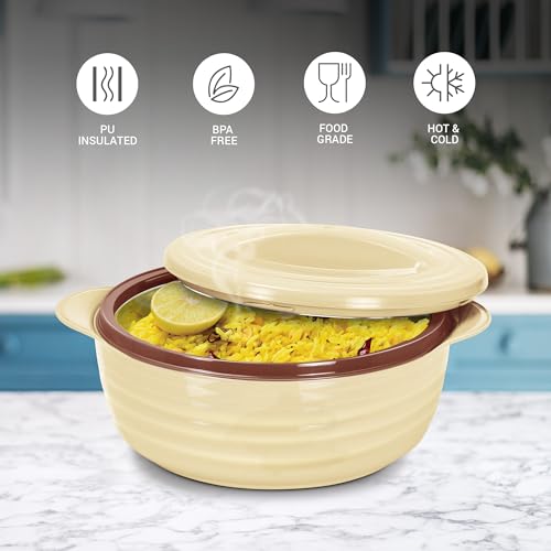 Image of MILTON Aspire 2500 Serving Casserole, Double Walled Inner Stainless Steel, PU Insulated Kitchen Hot Pot, Keeps Food hot & Fresh for Roti, Biryani, 1875 ml, Beige