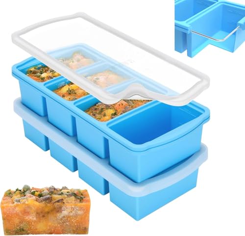 Theuwnee 2-Pack Silicone Freezer Tray with Lid - Soup Freezer Container molds - Large Ice Cube Tray- Makes 8 Perfect 1 Cup portions Cubes Freezer Storage Food Soups & Meal Prep (Blue)