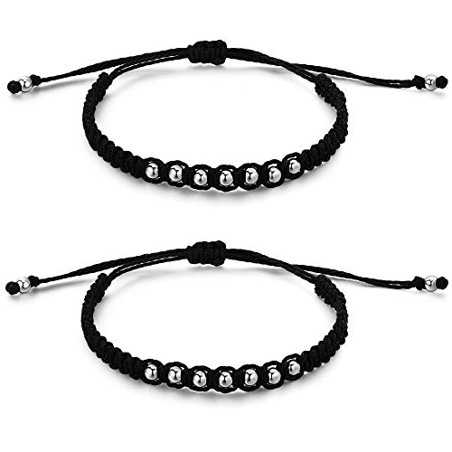 Jewanfix 2pcs Waterproof Braided Wax Rope Friendship Bracelets Handmade Bead Adjustable String Bracelets for Women Girls(Black)