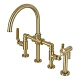 Kingston Brass KS2337KL Whitaker Industrial Style Bridge Kitchen Faucet with Brass Sprayer, Brushed Brass