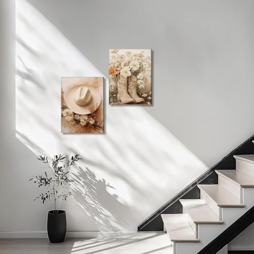 Image of Floral Cowgirl Boots Canvas Wall Art Set of 2, Cowboy Hat with Flower Wall Decor Paintings, Trendy Preppy Western Aesthetic Prints Pictures, for Girls Bedroom Living Room Dorm 12x16 inch Framed
