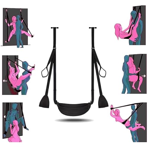 Black 4Pcs Door Sex Swing Set w/Seat, Eye Patch, Whip & Lingerie, Holds 300Lbs for Couples.
