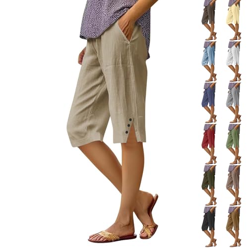 Pedal Pushers for Women Cropped Straight Leg Linen Capri Pants Summer Elastic High Waisted Cover Up Pant with Pockets Lightweight Breathable Linen Short Relaxed Fit Wide Leg Capri Pant 2025 Loungewear