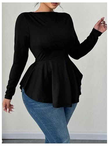 Women's Plus Size Boat Neck Ruffle T Shirt Long Sleeve Peplum Tops Casual Dressy Tees4