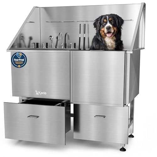 Image of KANIS Professional Dog Washing Station 304 Stainless Steel Pet Wash Sink & Grooming Bathtub w /Shower, Floor Grates and Storage for Large, Medium & Small Pets (Silver, 50 Inches, Right Ramp, 2 Drawers)