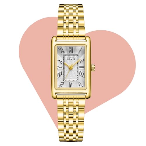 CIVO Damenuhr Vintage Uhr Damen: Klein Rechteckiges Gehäuse Armbanduhr Damen Gold Edelstahl - Elegante Geschenke für Frauen Jubiläum Geburtstag Valentinstag Hochzeit