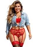 comeondear Porte Jarretelle Sexy Ensemble Femme Porte Jarretelles Dentelle Grande Taille Jarretières Vintage avec 4 Pinces Guêpière Taille Haute avec G string pour Bas Lingerie(Rouge,L)