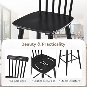 Lue bona windsor wooden bar stools set of 4 for kitchen island farmhouse 24 inch counter height stools chairs with spindle back black  urban country home decor