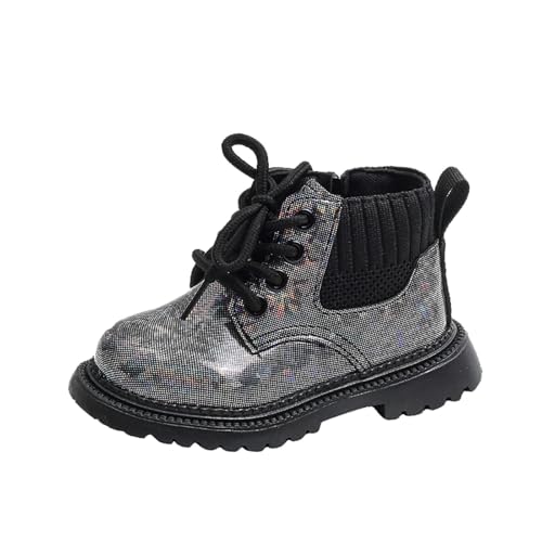Girls/Boys Ankle Combat Boots with Side Zipper and Lace-Up, Glitter Style, Easy On/Off Sparkly Shoes for 1-6 Years2