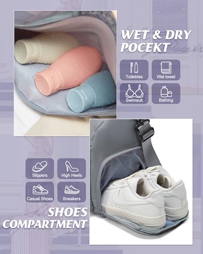 Image of Gym Bag for Women with Shoe Compartment Lightweight Travel Duffle Bags Carry on Bag Overnight Weekender Duffel Bag with Wet Pocket Personal Item Travel Bag Tote Bag Workout Dance Bag Grey