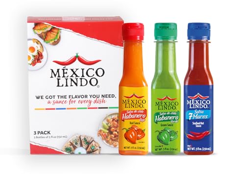 Image of Mexico Lindo Hot Sauce Variety Pack | Includes One Red Habanero, One Green Habanero & One 7 Mares Hot Sauces | 5 Fl Oz Bottles (Pack of 3)