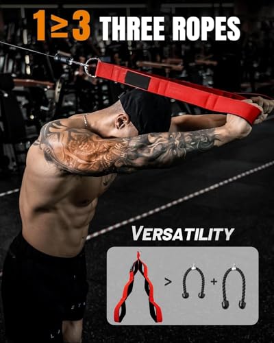 Image of Leosportz Triceps Rope Cable Attachment - Fabric Triceps Rope with Strong Grip and Multiple Handles | Upgraded Design Lightweight Tricep Push Down Rope (Red, 2 Handle)