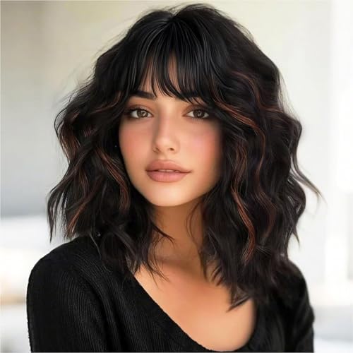 XIXIBI Bob Wavy Wigs With Bangs, Black Mixed Brown...
