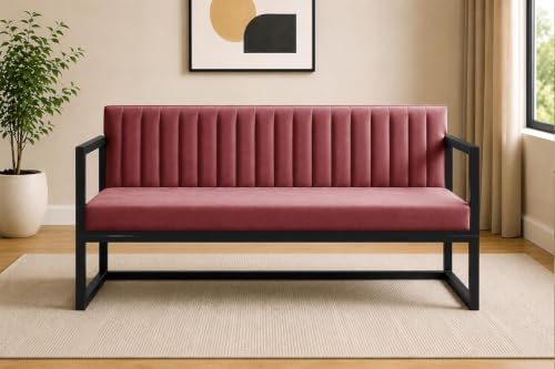 Image of Metal Sofa Bed for Living Room | Modern Industrial Design Metal Frame Three Seater Sofa Bed for Home, Office & Lounge-Rose Pink