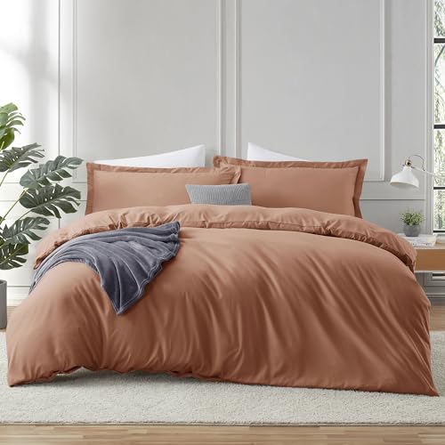 Image of Hearth & Harbor Rust Duvet Cover with Fitted Sheet Cal King Size | 4 Piece Soft Double Brushed Bedding Set, Button Closure, 1 Duvet Cover 104x98 Inches, 1 Fitted Sheet, 2 Pillow Shams