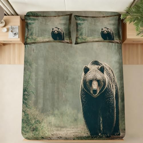 ZAOMIR Wildlife Bear Sheet Set California King Bear in Forest Wild Animal Bed Sheets Sets Misty Pine Trees Forest Bedding Sheets Set Room Decor 4Pcs(Fitted & Flat Sheet+2 Pillowcases)