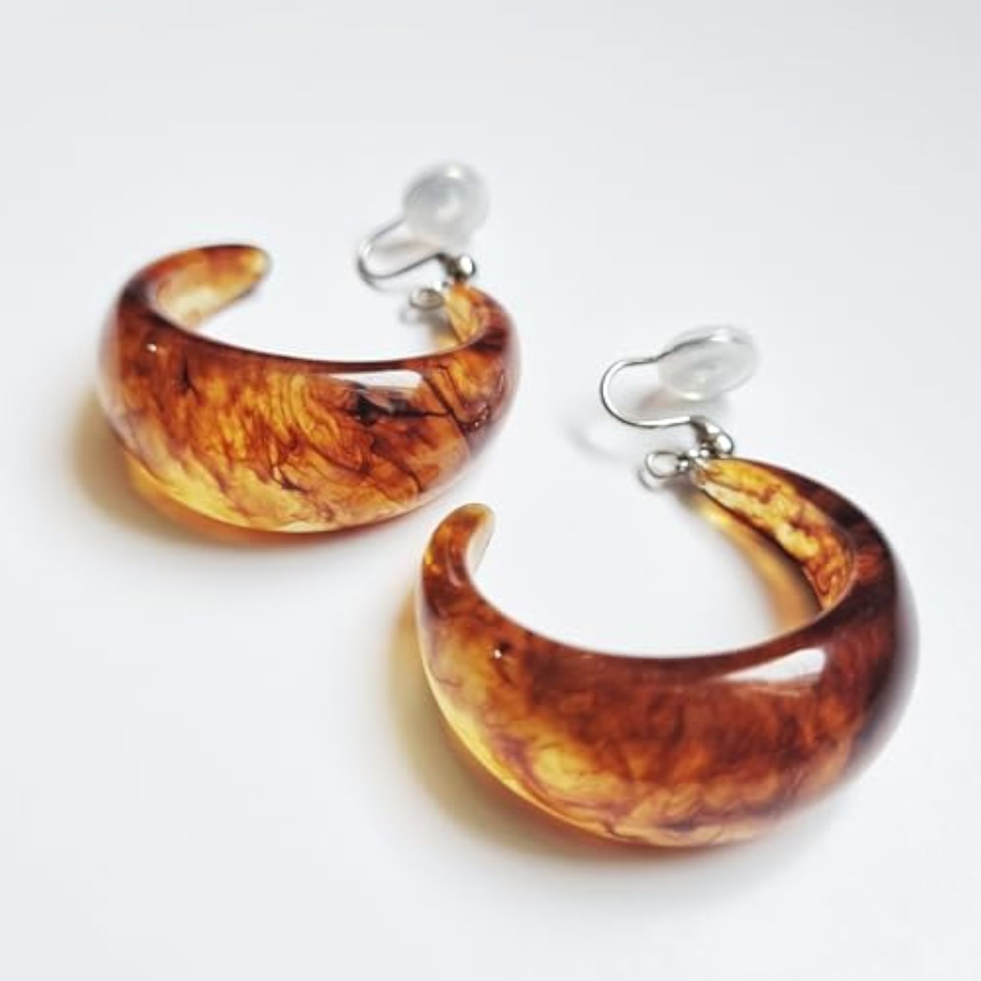 Women's Silver Plated Amber Glow Resin Clip-On Hoop Earrings