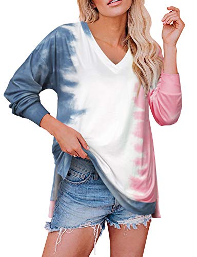 Long Sleeve Tunic Tops for Women,Messic Petite V Neck Blue and Pink Blouses Tie Dye Pullover Sweatshirts Casual Long Loose Fitting Shirt for Leggings