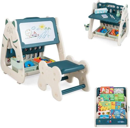 【Jexiro】両面マグネットドライイレースボード マルチレイヤーブックラック付き 3in1 キッズアートイーゼル&スツール 2 つの収納バスケット&マーカー同梱 高さ調節式子供用学習テーブルチェアセット N31
