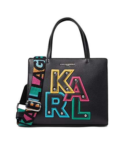 KARL LAGERFELD Women's Maybelle Satchel with Logo, Black/Fire Multi, One Size