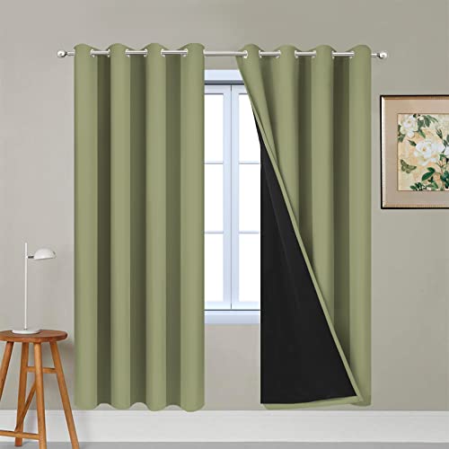 Image of Yakamok 100% Blackout Curtains Energy Saving Thermal Insulated 2 Thick Layers Completely Blackout Drapes with Black Liner for Bedroom (52Wx72L, Sage, 2 Panels)