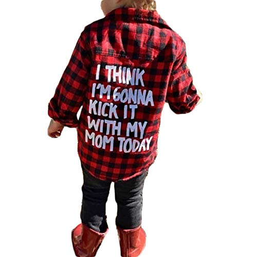 Baby Boys Girls Long Sleeve Back Letters Print Button Down Red Plaid Flannel/Denim Shirt (Red Black Plaid, 3T)