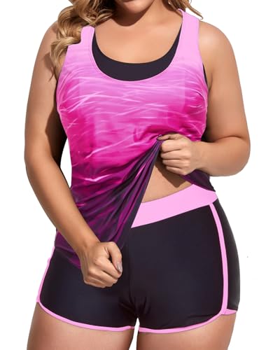 Image of Holipick Women Plus Size Swimsuits - Athletic 3 Piece Tankini with Shorts