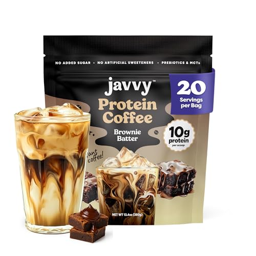 Image of Javvy Protein Iced Coffee - Premium Whey Protein & Iced Coffees, 100% Natural Cold Brew, Zero Artificial Flavors & Sweeteners, 80mg Caffeine, No Added Sugar, 20 Servings, Brownie Batter, 1 Pack