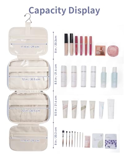 Narwey Trousse de Toilette de Voyage à Suspendre Femmes Trousse de Maquillage Organisateur Accessoires Toilette Sac de Toilette (Rayures Gris Bleu(Grand)) – Image 5
