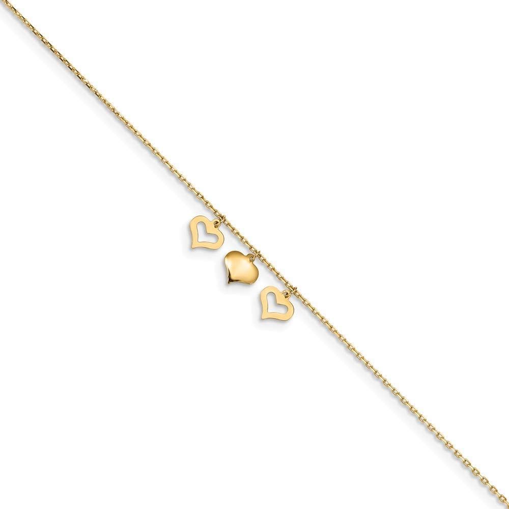 Roy Rose Jewelry 14K Yellow Gold 3 Hearts w/1 inch Extension Anklet ~ Length 10'' inches