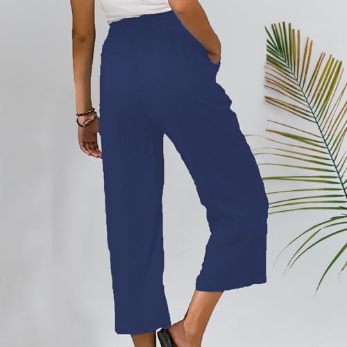 Capri Pants for Women 2025 Summer Drawstring Elastic High Waist Casual Capris Straight Wide Leg Cotton Linen Pants4