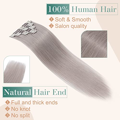 Image of Clip in Remy Hair Extensions Human Hair Grey for Women 20 inch 70g Light Long Seamless Clip on Real Hair Skin Weft Rooted Clips Hairpiece 8pcs Weft Long Straight Full Head