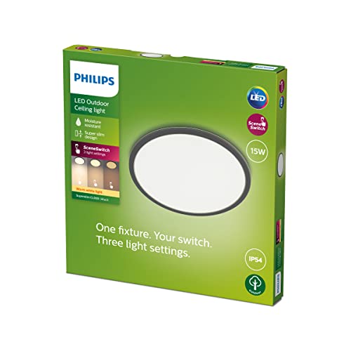 Plafonnier extérieur PHILIPS LED Superslim 15W [Blanc chaud - Noir] Résistant à l'eau IP54, pour éclairage de jardin, patio et terrasse.