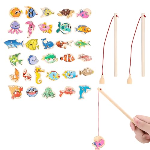 NHPY 33 Piezas Juego magnético de Pesca,Juguetes de Pesca con imanes,Juegos Infantiles Puzzle magnético de Madera,Juego de Pesca magnético para niños,Juego de Pesca con imanes