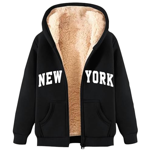 Generisch Fleece Jacket Women's Long Sleeve Hoodie Thick Fleece Lining New York Print Sweatshirts Lambswool Thermal Winter Hoodie with Zip and Pockets Soft Comfortable Hoodie, O Black, XXXL