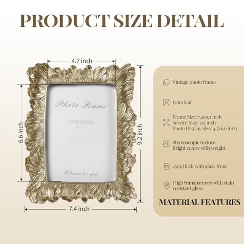 Gold 5x7 Picture Frame, Vintage Gold Palm Leaves Textured Hand-Crafted Resin with Glass Front Elegant Retro Vintage Design Photo Frame for Wall and Tabletop Display Home Decor
