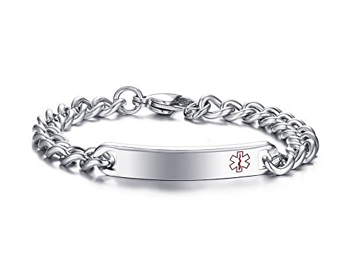 Custom Free Engraving- 8Mm High Polished Surgical Steel Chain Medical Alert Id Bracelets For Women And Men (Steel Color/Red Symbol, Custom Engrave***) #TOP1