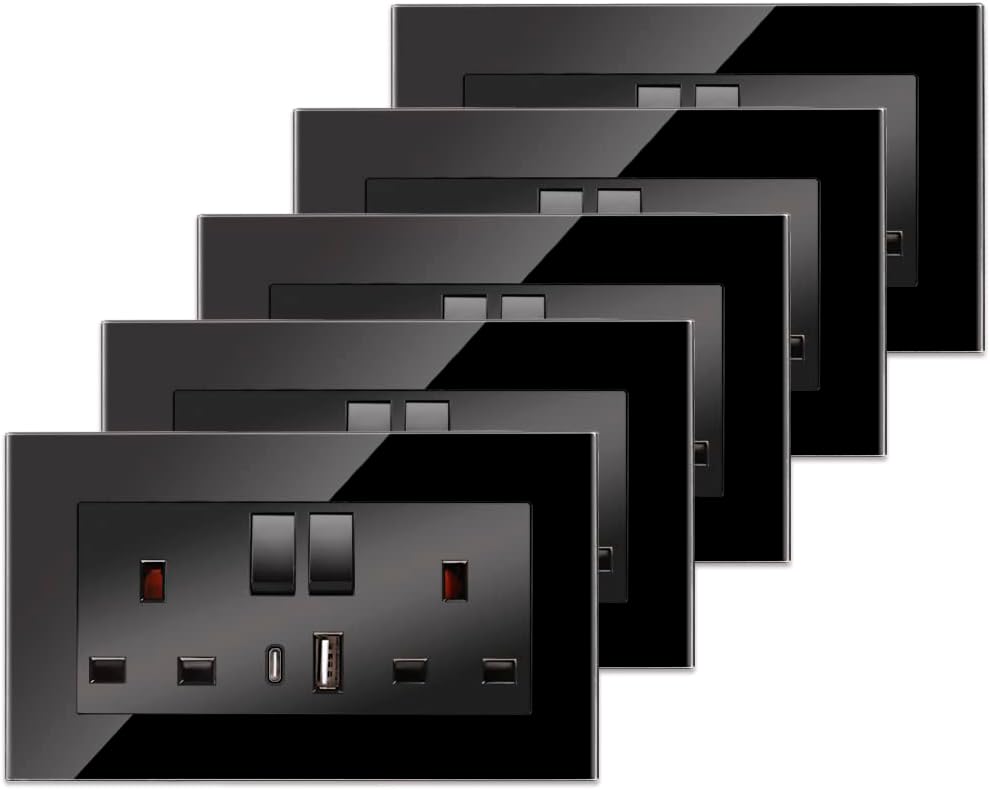 5 Pack Glass Double Switched Socket with USB-A and Type-C Charging Ports (Output 2.1A), Black Crystal Glass Panel Wall Outlet, 2 Gang 13 Amp Electric Power Socket