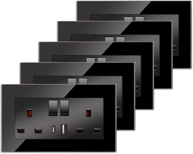 5 Pack CNBINGO Double Switched Socket with Dual USB Charging Ports (Type A and C), Black Crystal Glass Panel Wall Outlet, 2 Gang 13 Amp Electric Power Socket